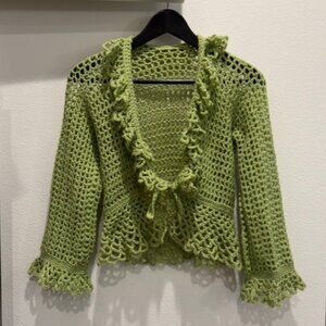 Handmade Green Whimsygoth Crochet Ruffle Tie Front Cardigan Size S